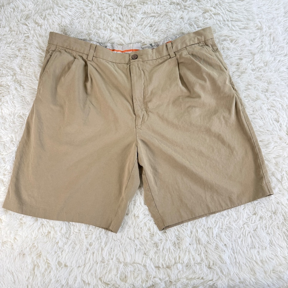 Tommy Bahama Mens Waist 42 Tan Silk Cotton Pleated Chino Shorts Khaki‎ Casual